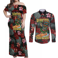 Hawaii Tiki Surfing Couples Matching Off Shoulder Maxi Dress and Long Sleeve Button Shirt Mele Kalikimaka i Iulai! LT9 Black - Polynesian Pride