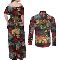 Hawaii Tiki Surfing Couples Matching Off Shoulder Maxi Dress and Long Sleeve Button Shirt Mele Kalikimaka i Iulai! LT9 - Polynesian Pride