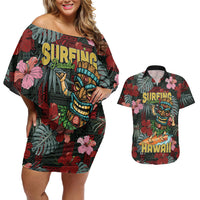 Hawaii Tiki Surfing Couples Matching Off Shoulder Short Dress and Hawaiian Shirt Mele Kalikimaka i Iulai! LT9 Black - Polynesian Pride