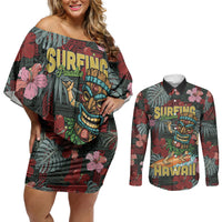Hawaii Tiki Surfing Couples Matching Off Shoulder Short Dress and Long Sleeve Button Shirt Mele Kalikimaka i Iulai! LT9 Black - Polynesian Pride