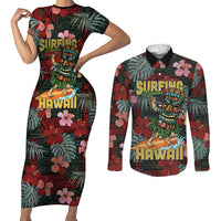 Hawaii Tiki Surfing Couples Matching Short Sleeve Bodycon Dress and Long Sleeve Button Shirt Mele Kalikimaka i Iulai! LT9 Black - Polynesian Pride