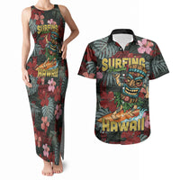 Hawaii Tiki Surfing Couples Matching Tank Maxi Dress and Hawaiian Shirt Mele Kalikimaka i Iulai! LT9 Black - Polynesian Pride