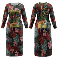 Hawaii Tiki Surfing Family Matching Long Sleeve Bodycon Dress and Hawaiian Shirt Mele Kalikimaka i Iulai! LT9 Mom's Dress Black - Polynesian Pride