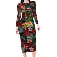 Hawaii Tiki Surfing Family Matching Long Sleeve Bodycon Dress and Hawaiian Shirt Mele Kalikimaka i Iulai! LT9 Mom's Dress Black - Polynesian Pride
