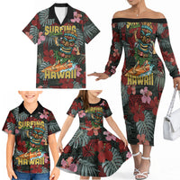 Hawaii Tiki Surfing Family Matching Off The Shoulder Long Sleeve Dress and Hawaiian Shirt Mele Kalikimaka i Iulai! LT9 - Polynesian Pride