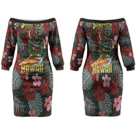 Hawaii Tiki Surfing Family Matching Off The Shoulder Long Sleeve Dress and Hawaiian Shirt Mele Kalikimaka i Iulai! LT9 Mom's Dress Black - Polynesian Pride