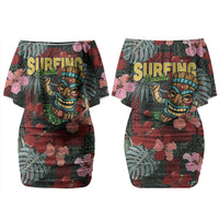 Hawaii Tiki Surfing Family Matching Off Shoulder Short Dress and Hawaiian Shirt Mele Kalikimaka i Iulai! LT9 Mom's Dress Black - Polynesian Pride