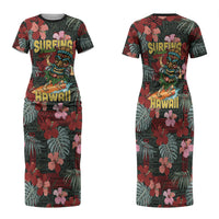 Hawaii Tiki Surfing Family Matching Short Sleeve Bodycon Dress and Hawaiian Shirt Mele Kalikimaka i Iulai! LT9 Mom's Dress Black - Polynesian Pride