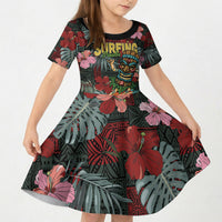 Hawaii Tiki Surfing Kid Short Sleeve Dress Mele Kalikimaka i Iulai! LT9 KID Black - Polynesian Pride