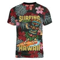 Hawaii Tiki Surfing Women V-Neck T-Shirt Mele Kalikimaka i Iulai!