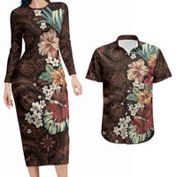 Kanoa Hawai'i Hibiscus Couples Matching Long Sleeve Bodycon Dress and Hawaiian Shirt Polynesian Tribal Tattoo Pattern Floral Elements