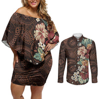 Kanoa Hawai'i Hibiscus Couples Matching Off Shoulder Short Dress and Long Sleeve Button Shirt Polynesian Tribal Tattoo Pattern Floral Elements