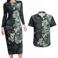 Pauliuli Hawai'i Hibiscus Couples Matching Long Sleeve Bodycon Dress and Hawaiian Shirt Polynesian Tribal Tattoo Pattern Floral Elements