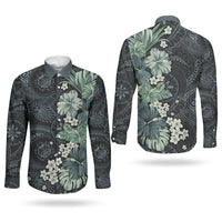 Pauliuli Hawai'i Hibiscus Couples Matching Puletasi and Long Sleeve Button Shirt Polynesian Tribal Tattoo Pattern Floral Elements