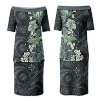 Pauliuli Hawai'i Hibiscus Couples Matching Puletasi and Long Sleeve Button Shirt Polynesian Tribal Tattoo Pattern Floral Elements