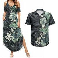 Pauliuli Hawai'i Hibiscus Couples Matching Summer Maxi Dress and Hawaiian Shirt Polynesian Tribal Tattoo Pattern Floral Elements