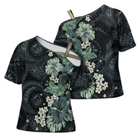 Pauliuli Hawai'i Hibiscus Cross Shoulder Shirt Polynesian Tribal Tattoo Pattern Floral Elements