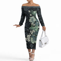 Pauliuli Hawai'i Hibiscus Off The Shoulder Long Sleeve Dress Polynesian Tribal Tattoo Pattern Floral Elements
