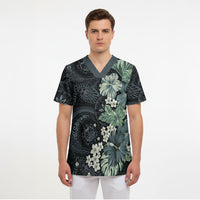 Pauliuli Hawai'i Hibiscus Scrub Top Polynesian Tribal Tattoo Pattern Floral Elements