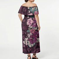 Poni Mama Hawai'i Hibiscus Off Shoulder Maxi Dress Polynesian Tribal Tattoo Pattern Floral Elements