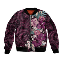 Poni Mama Hawai'i Hibiscus Sleeve Zip Bomber Jacket Polynesian Tribal Tattoo Pattern Floral Elements