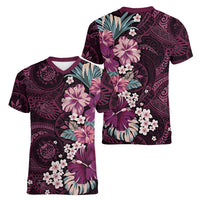 Poni Mama Hawai'i Hibiscus Women V-Neck T-Shirt Polynesian Tribal Tattoo Pattern Floral Elements