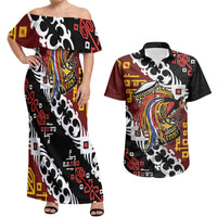 Personalised Papua New Guinea Bird Drum Couples Matching Off Shoulder Maxi Dress and Hawaiian Shirt Papuan Batik Motif