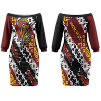Personalised Papua New Guinea Bird Drum Couples Matching Off The Shoulder Long Sleeve Dress and Hawaiian Shirt Papuan Batik Motif