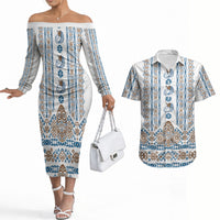 Personalised Papua New Guinea Bird Ethnic Couples Matching Off The Shoulder Long Sleeve Dress and Hawaiian Shirt Papuan Batik Inspired Pattern