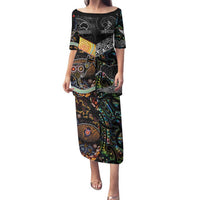 Personalised New Zealand and Australia Family Matching Puletasi and Hawaiian Shirt Maori Mix Aboriginal Art Style LT9 Mom's Dress Black - Polynesian Pride