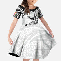 Custom Fiji Rugby Pacific Family Matching Puletasi and Hawaiian Shirt Polynesian Palm Tattoo LT9 Daughter's Dress White - Polynesian Pride