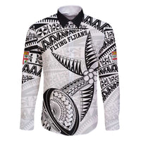 Custom Fiji Rugby Pacific Family Matching Puletasi and Hawaiian Shirt Polynesian Palm Tattoo LT9 Dad's Shirt - Long Sleeve White - Polynesian Pride