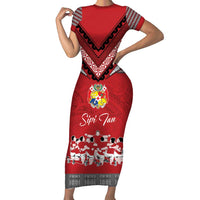 Personalised Tonga Rugby Pacific Family Matching Short Sleeve Bodycon Dress and Hawaiian Shirt Ikale Tahi Sipi Tau LT9 Mom's Dress Red - Polynesian Pride