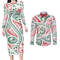 New Zealand Kowhaiwhai Christmas Couples Matching Long Sleeve Bodycon Dress and Long Sleeve Button Shirt Traditional Maori Koru Pattern LT9 White - Polynesian Pride