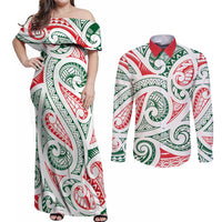 New Zealand Kowhaiwhai Christmas Couples Matching Off Shoulder Maxi Dress and Long Sleeve Button Shirt Traditional Maori Koru Pattern LT9 White - Polynesian Pride