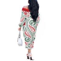 New Zealand Kowhaiwhai Christmas Off The Shoulder Long Sleeve Dress Traditional Maori Koru Pattern - Polynesian Pride