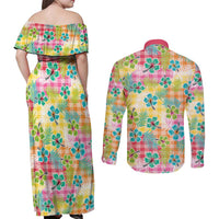 Hawaiian Palaka Couples Matching Off Shoulder Maxi Dress and Long Sleeve Button Shirt Hibiscus Palm Leaf Pattern - Polynesian Pride