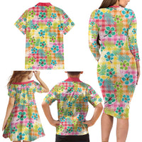 Hawaiian Palaka Family Matching Long Sleeve Bodycon Dress and Hawaiian Shirt Hibiscus Palm Leaf Pattern - Polynesian Pride