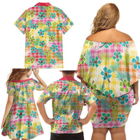 Hawaiian Palaka Family Matching Off Shoulder Short Dress and Hawaiian Shirt Hibiscus Palm Leaf Pattern - Polynesian Pride