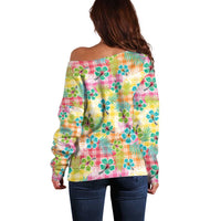 Hawaiian Palaka Off Shoulder Sweater Hibiscus Palm Leaf Pattern - Polynesian Pride