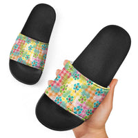 Hawaiian Palaka Slide Sandals Hibiscus Palm Leaf Pattern - Polynesian Pride