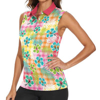 Hawaiian Palaka Women Sleeveless Polo Shirt Hibiscus Palm Leaf Pattern - Polynesian Pride