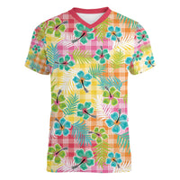 Hawaiian Palaka Women V-Neck T-Shirt Hibiscus Palm Leaf Pattern - Polynesian Pride