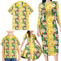 Hawaiian Palaka Family Matching Long Sleeve Bodycon Dress and Hawaiian Shirt Hibiscus Pineapple Lei - Polynesian Pride