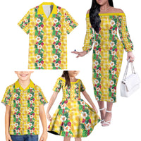 Hawaiian Palaka Family Matching Off The Shoulder Long Sleeve Dress and Hawaiian Shirt Hibiscus Pineapple Lei - Polynesian Pride
