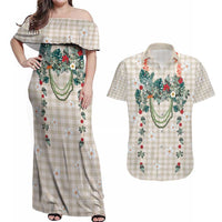 Brown Hawaiian Palaka Couples Matching Off Shoulder Maxi Dress and Hawaiian Shirt Kukui Nut Money Lei - Polynesian Pride