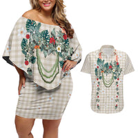 Brown Hawaiian Palaka Couples Matching Off Shoulder Short Dress and Hawaiian Shirt Kukui Nut Money Lei - Polynesian Pride