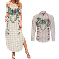 Brown Hawaiian Palaka Couples Matching Summer Maxi Dress and Long Sleeve Button Shirt Kukui Nut Money Lei LT9 Brown - Polynesian Pride