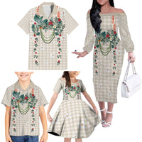 Brown Hawaiian Palaka Family Matching Off The Shoulder Long Sleeve Dress and Hawaiian Shirt Kukui Nut Money Lei - Polynesian Pride