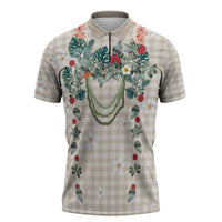 Brown Hawaiian Palaka Zipper Polo Shirt Kukui Nut Money Lei - Polynesian Pride